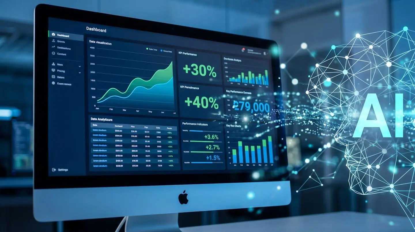 Écran d'ordinateur affichant un tableau de bord analytique avec graphiques de croissance et superposition d'éléments visuels d'intelligence artificielle en réseau, illustrant l'innovation technologique ESN.